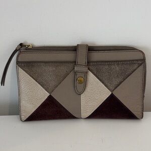 FOSSIL wallet leather & suede patchwork putty colour brown multi pockets & slots